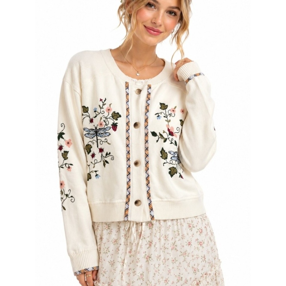 Loveimgs Dragonfly Floral Cross Stitch Embroidered Button Cardigan Medium
